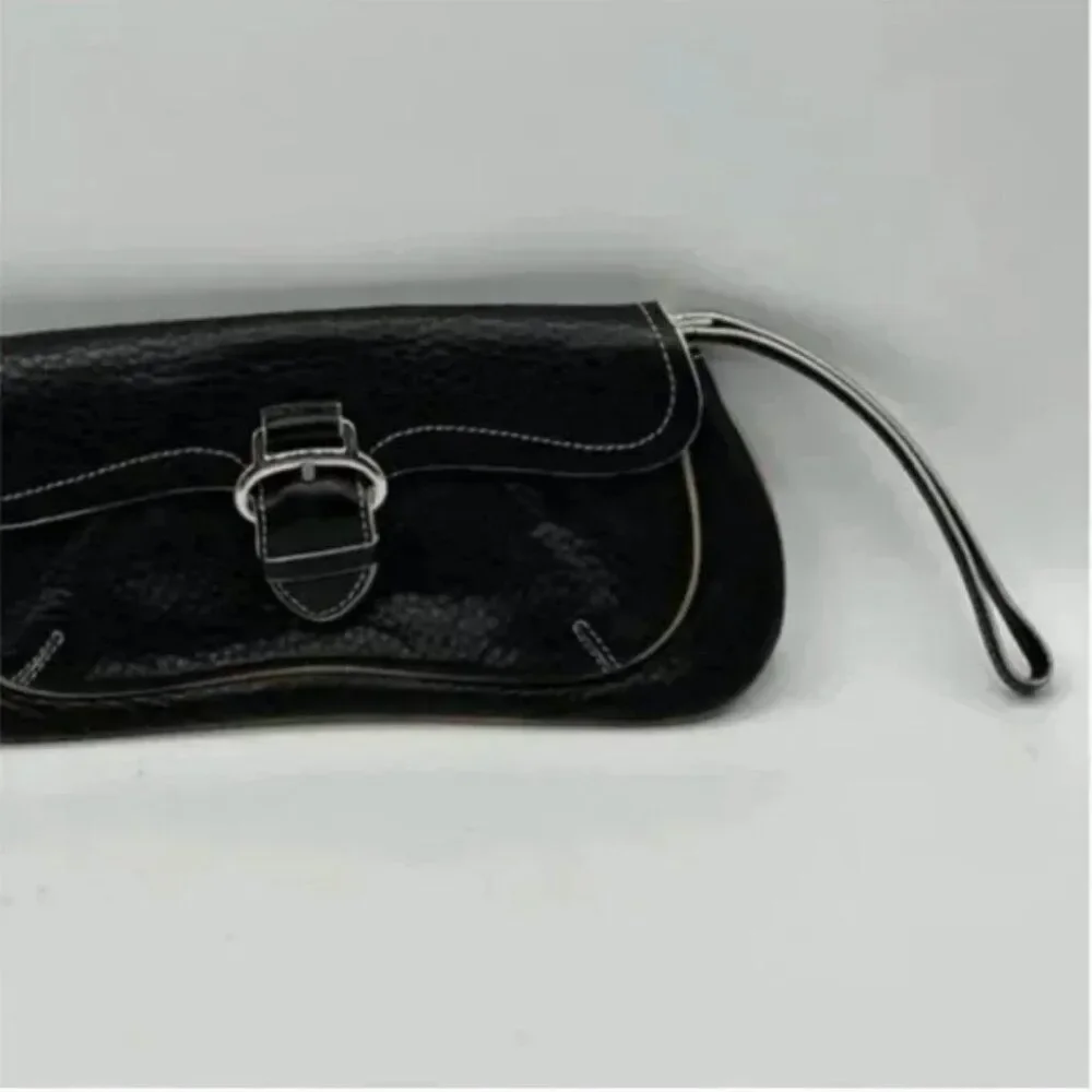 Cole Haan Black Leather Magnetic Closure Flat Wristlet with Buckle Detail